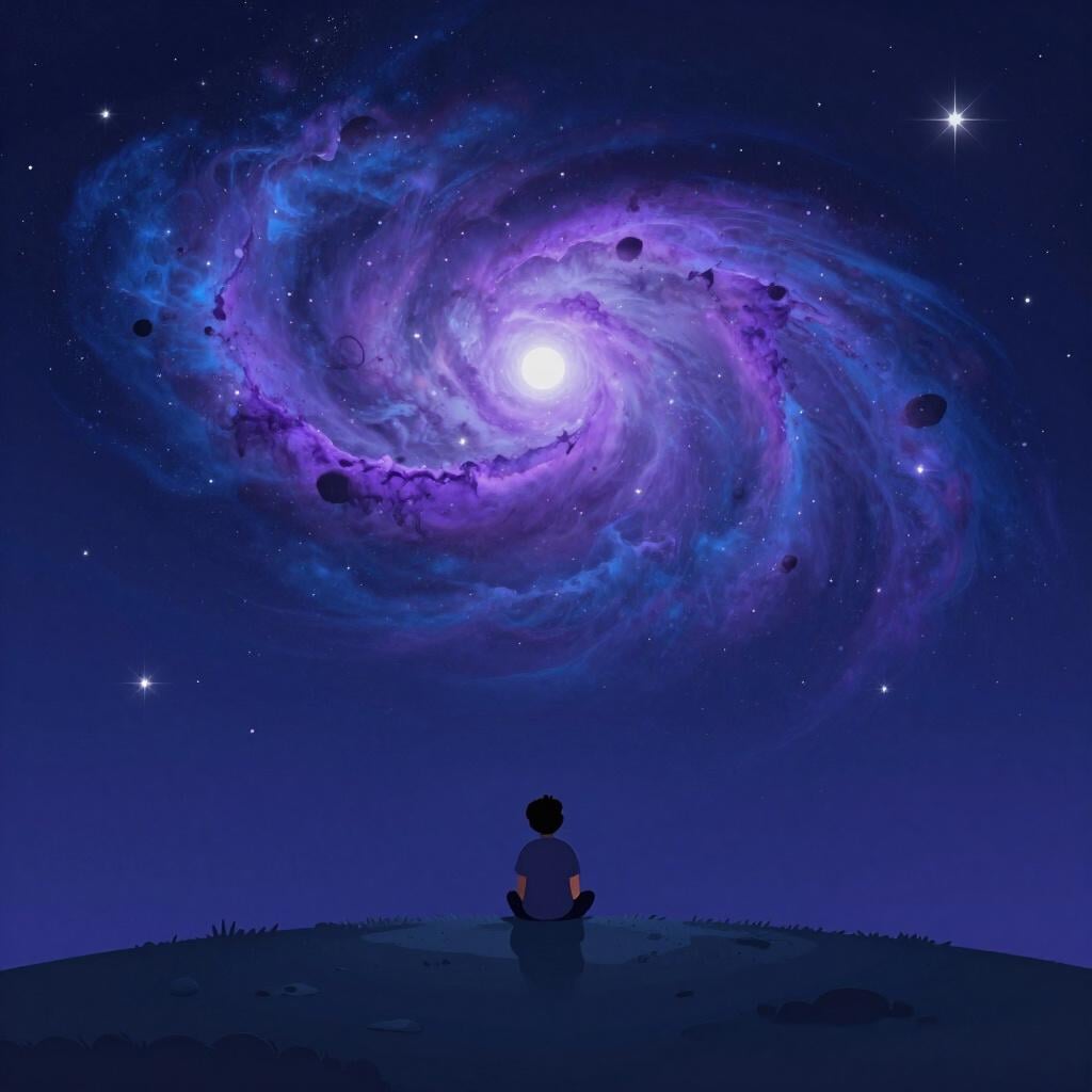 A person sitting on a grassy hill looking up at a vast, swirling galaxy in the night sky.