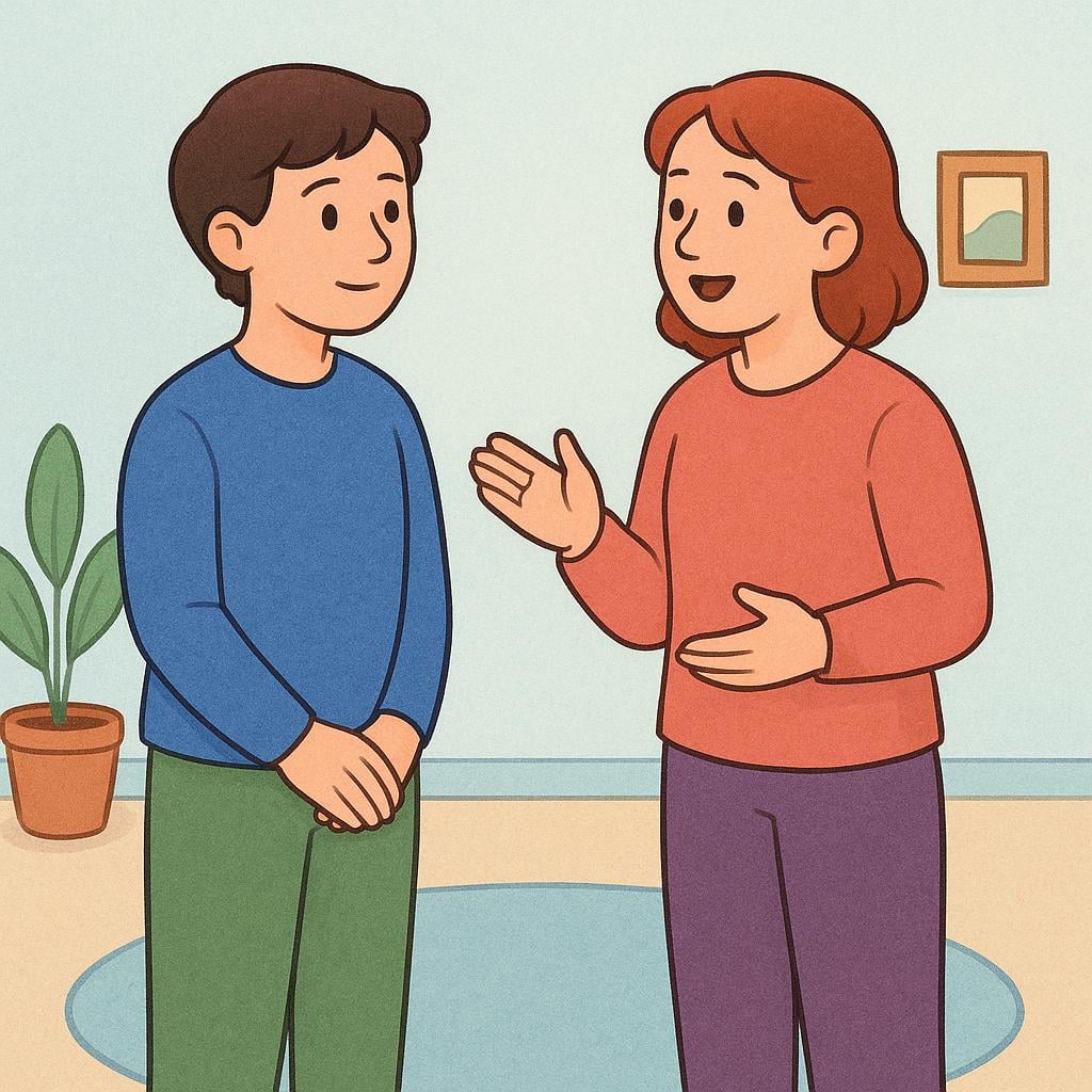 A simple storybook illustration of one person attentively listening to another person who is speaking, showing the action of respecting.