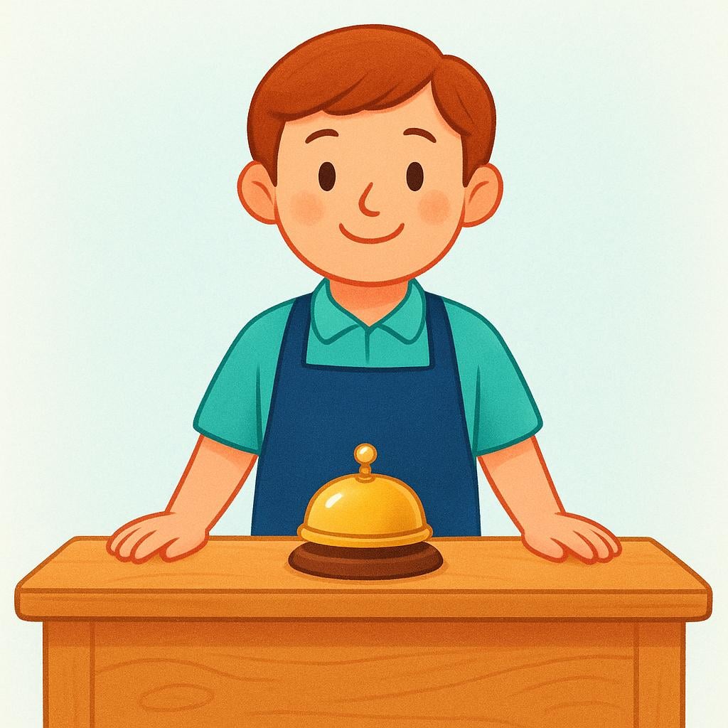 A colorful illustration showing a front desk counter with a person standing behind it, representing a hotel reception area.