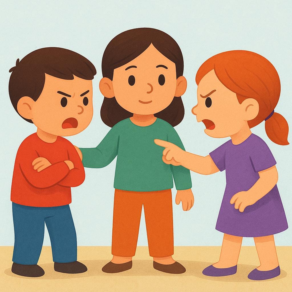 Drei vereinfachte Figuren. Zwei Figuren stehen sich in angespannter Haltung gegenüber, und die dritte Figur tritt aktiv in den Raum zwischen sie und legt einem der Figuren eine Hand auf die Schulter, um einzugreifen.