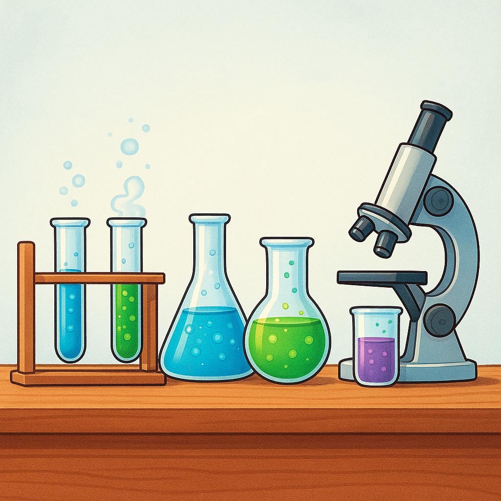 A storybook illustration of a clean, brightly lit laboratory counter featuring various glass beakers filled with colorful liquids and a small microscope.