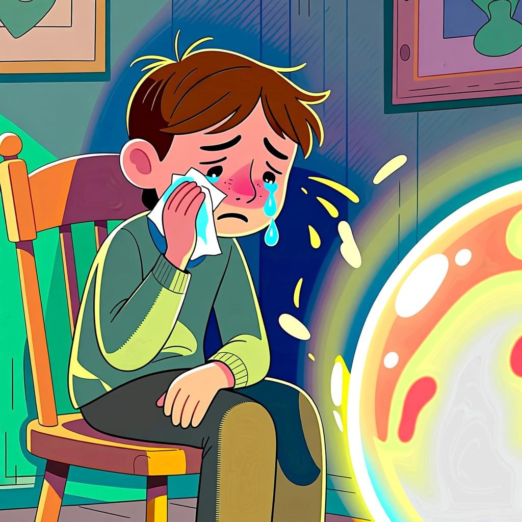 A figure sitting alone in a dark theater, wiping a tear from their eye while watching a dramatic scene on a screen.