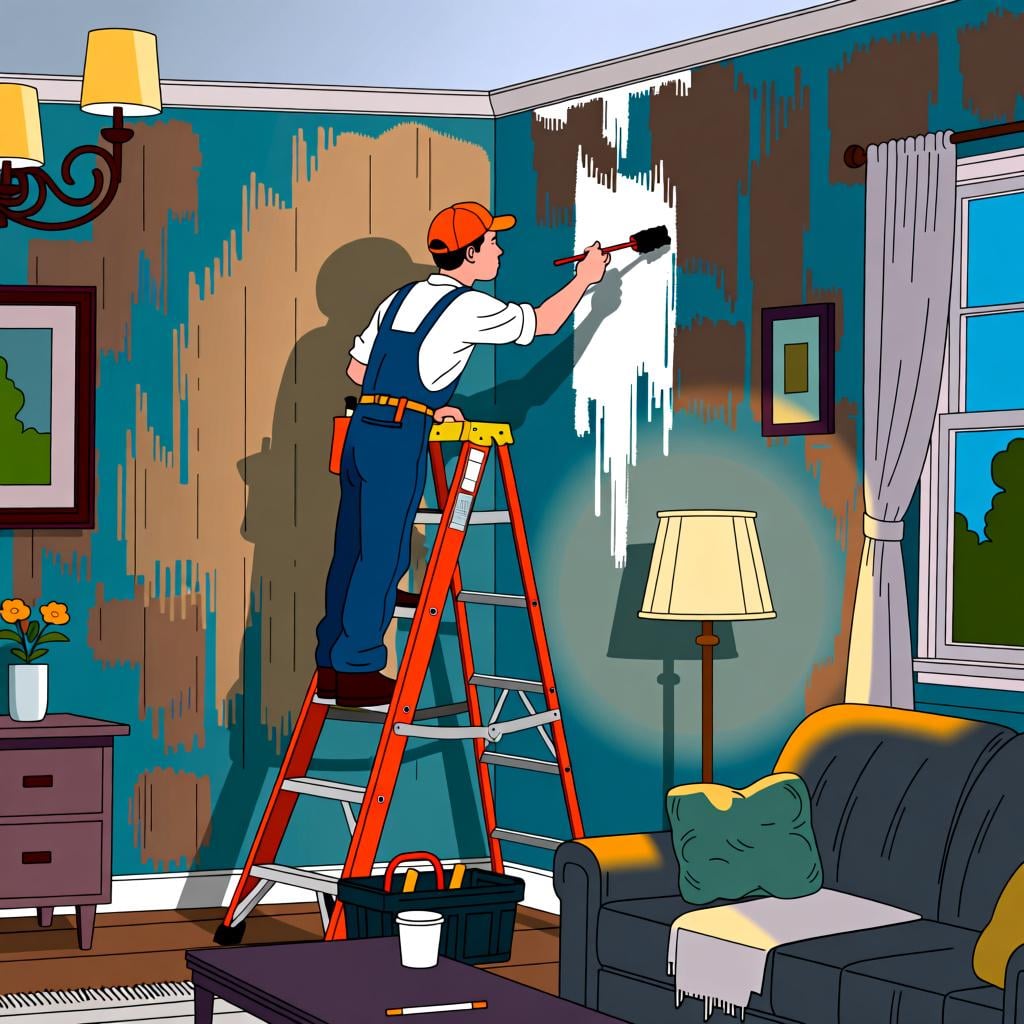 A person actively painting a wall, representing the action of working.