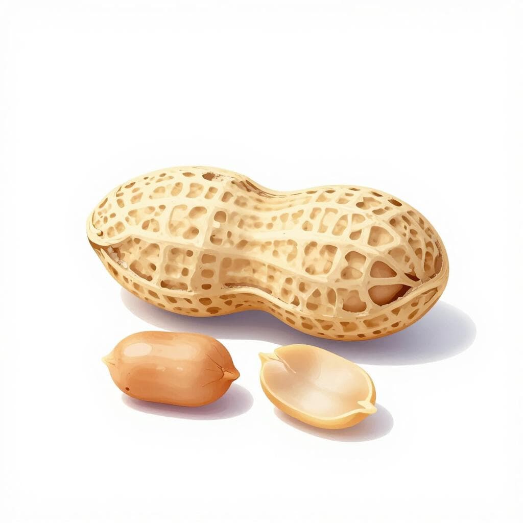 A whole peanut in its textured, light brown shell next to a few shelled peanut kernels.
