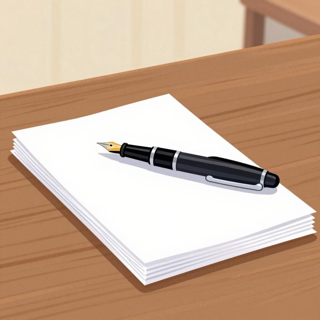 A fountain pen resting on a neat stack of papers on a wooden table.