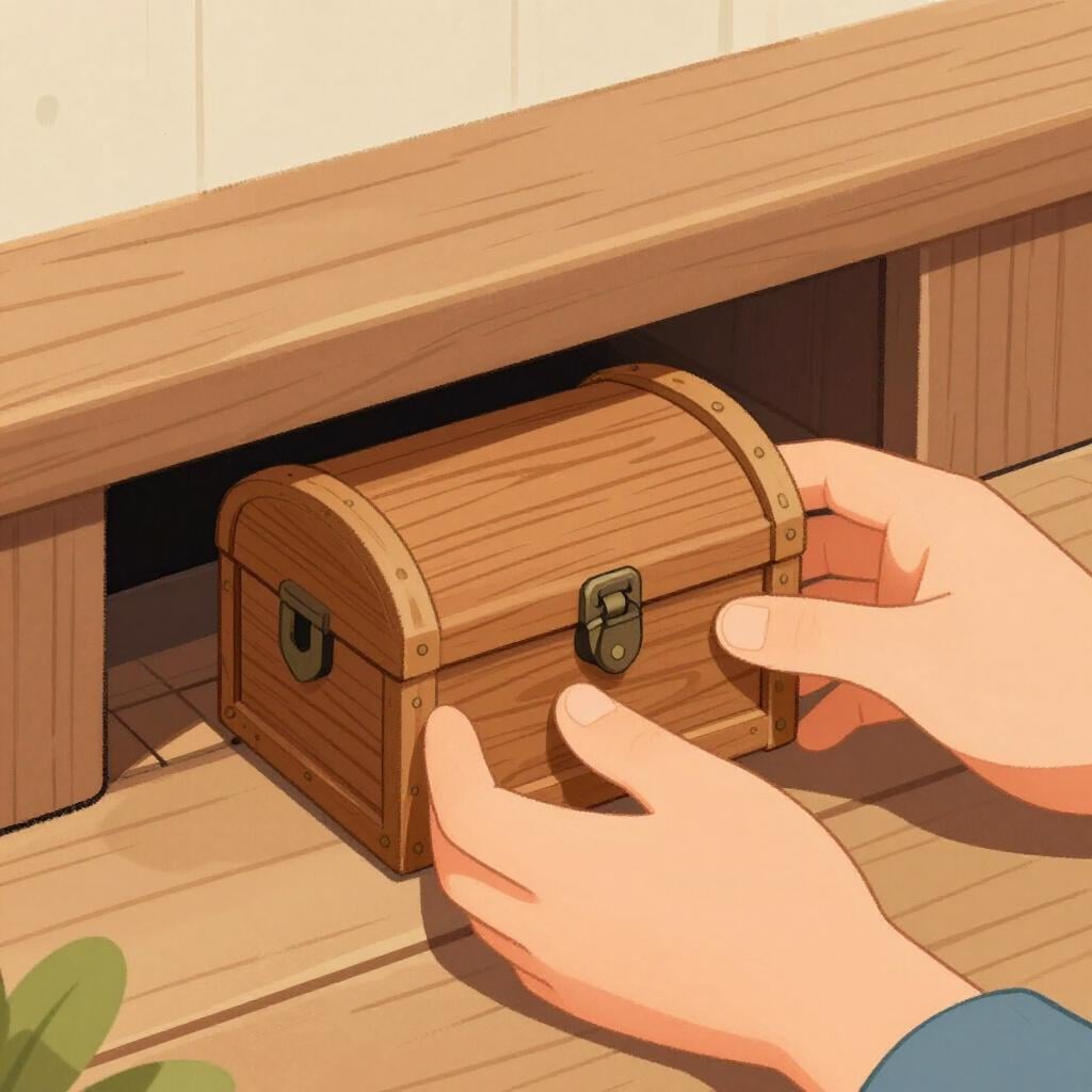 A person placing a small wooden treasure chest under a loose floorboard in a cozy room.