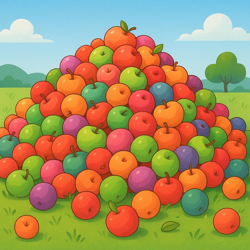 A massive, overflowing pile of hundreds of brightly colored apples covering a grassy field, symbolizing a great number or abundance of things.