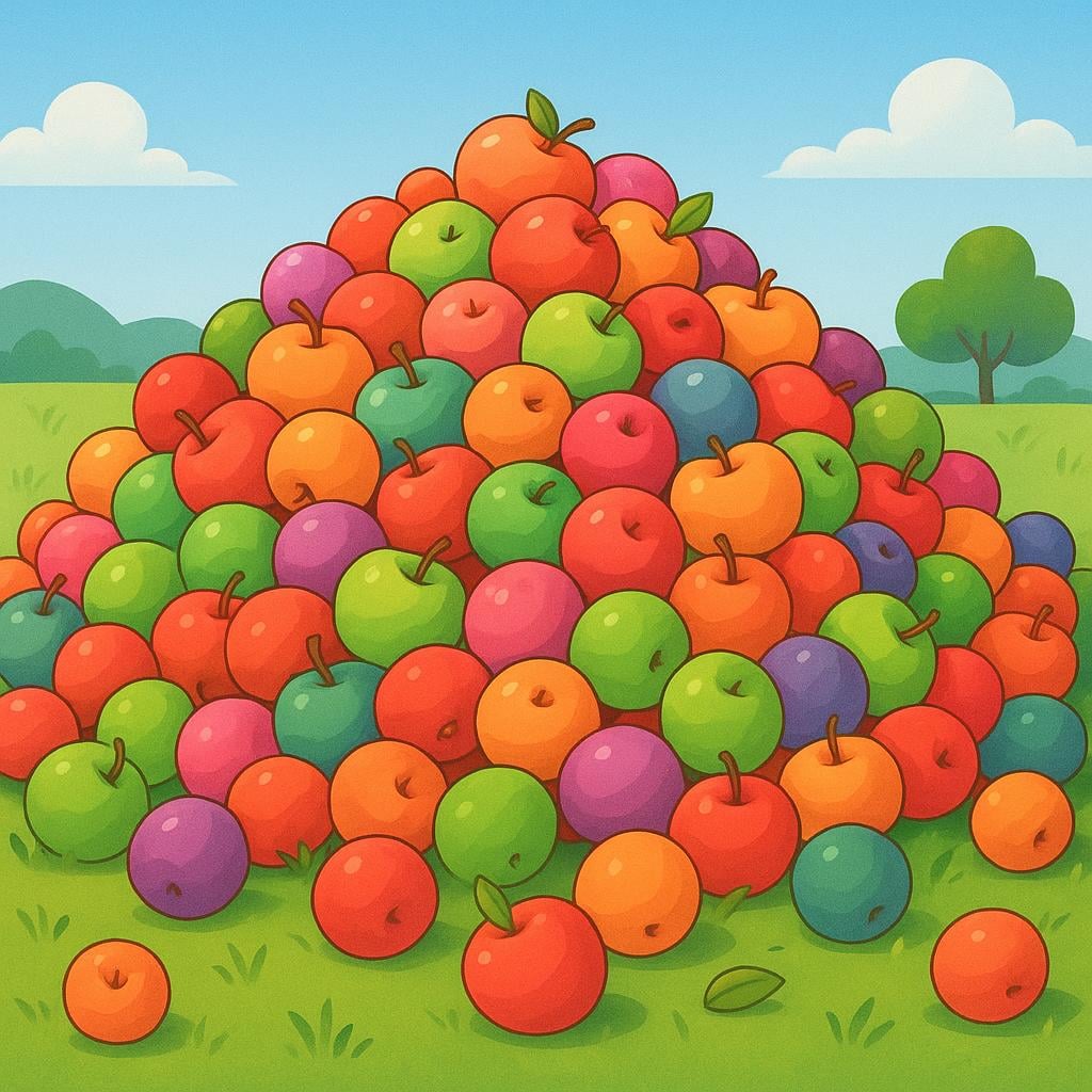 A massive, overflowing pile of hundreds of brightly colored apples covering a grassy field, symbolizing a great number or abundance of things.