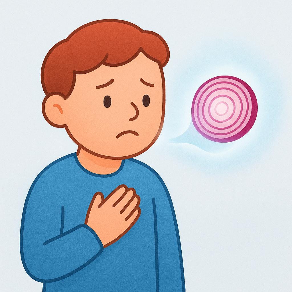 Uma pessoa de desenho animado com uma expressão ligeiramente infeliz segurando a mão perto do peito. Uma pequena imagem fantasma transparente de uma fatia de cebola vermelha brilhante flutua da área da boca, simbolizando o sabor voltando.