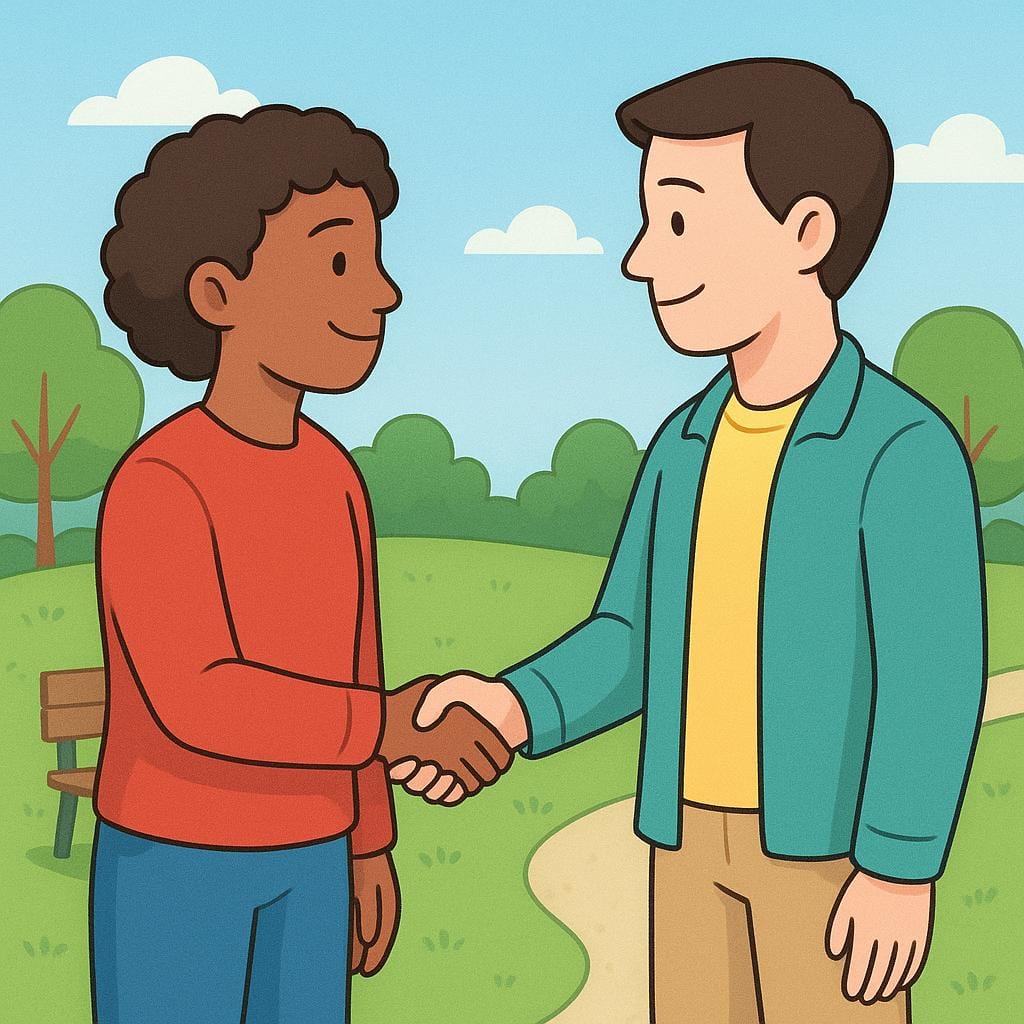 Un'illustrazione che mostra due persone amichevoli che si guardano faccia a faccia, sorridendo e stringendosi la mano calorosamente in un parco, a significare un incontro reciproco.