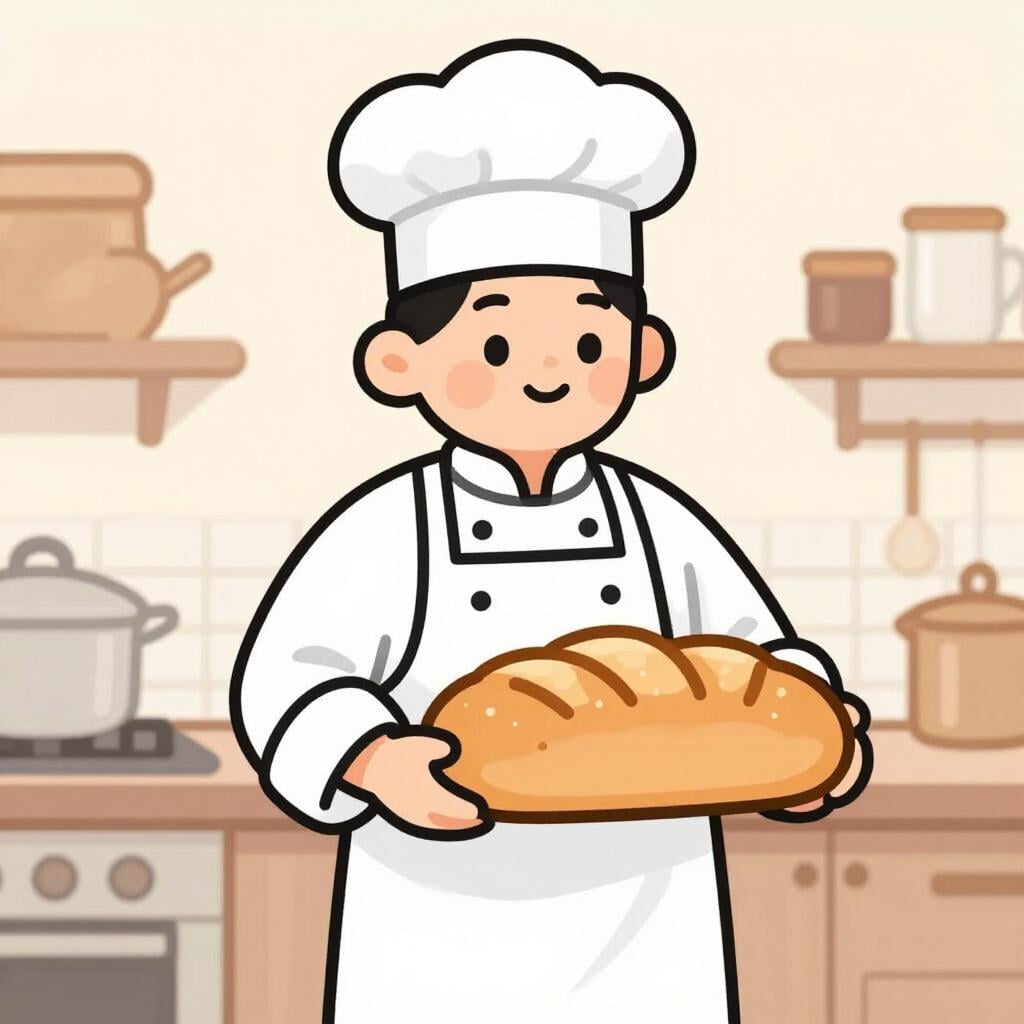 Un panettiere amichevole che indossa un cappello da chef bianco e un grembiule bianco abbinato sopra una camicia pulita.