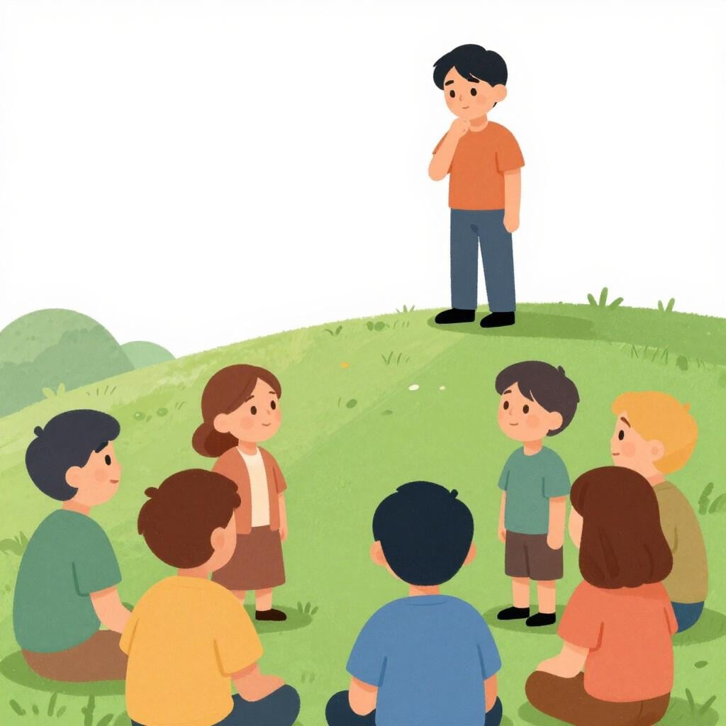 A person looking thoughtful while observing a group of people interacting at a distance.