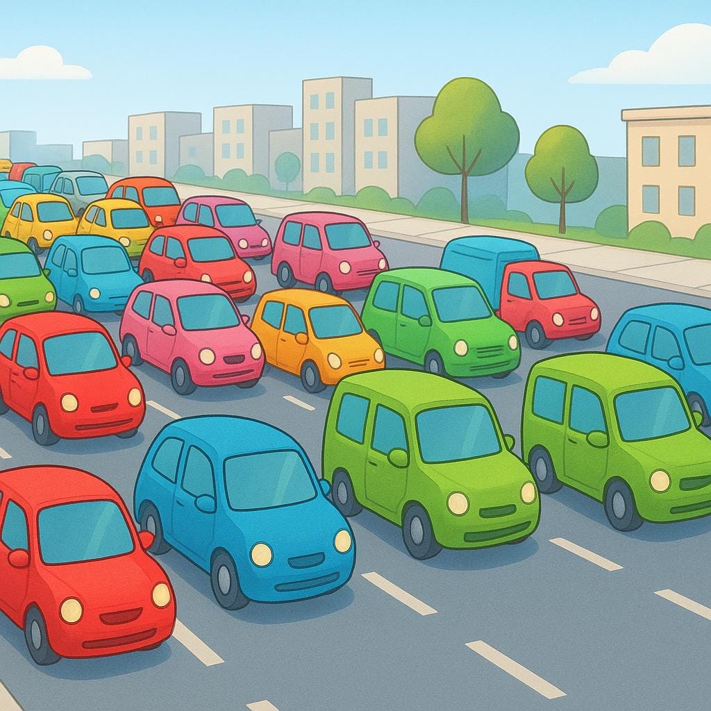 渋滞している道路の光景。色とりどりの車がバンパー・トゥ・バンパーで止まっており、ひどい交通状況を示している。