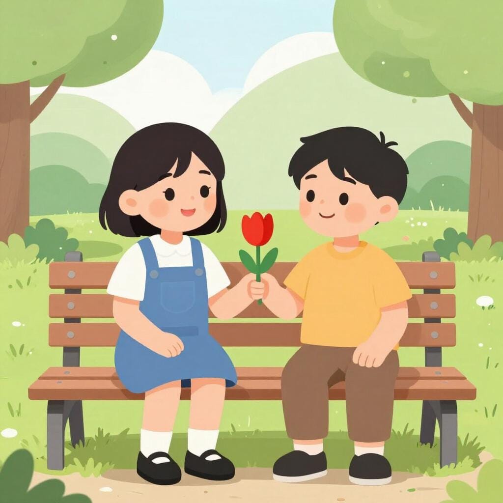 Zwei Personen sitzen auf einer Bank und nicken und lächeln sich zu, während sie dieselbe farbige Blume halten.