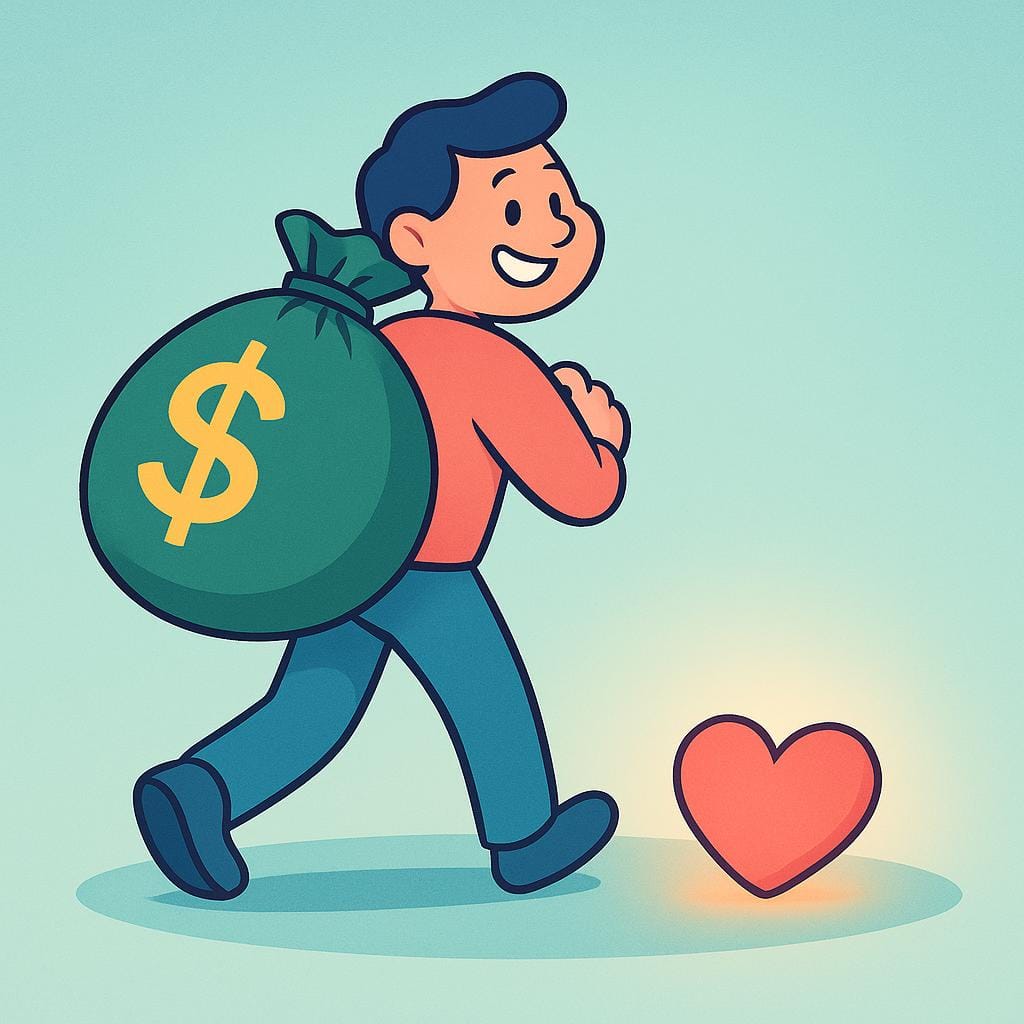 An illustration of a simplified character gleefully holding a large bag of money and turning their back on a glowing, symbolic heart lying on the ground, representing the betrayal of principles.