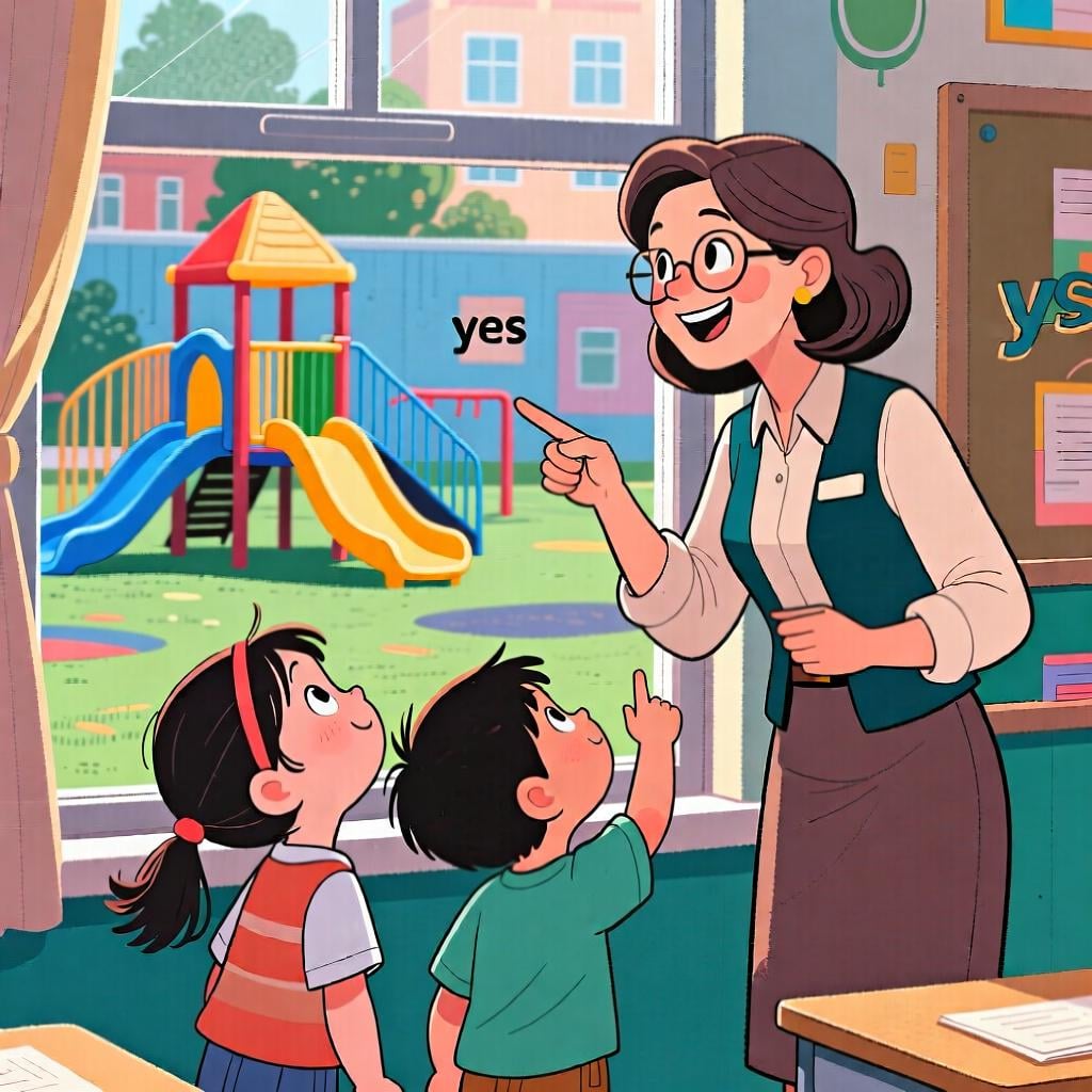 A group of children asking a teacher for permission to go outside and play.