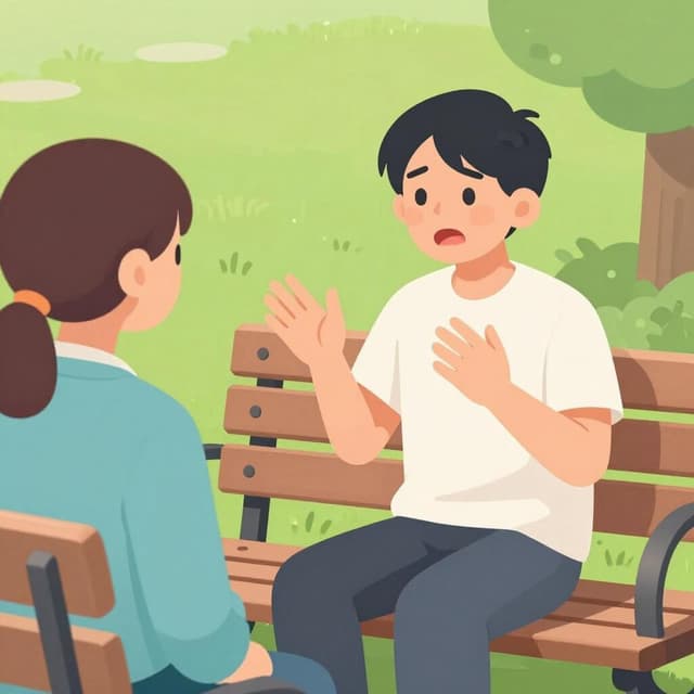 A person sitting on a park bench talking to a supportive friend with an expression of relief.