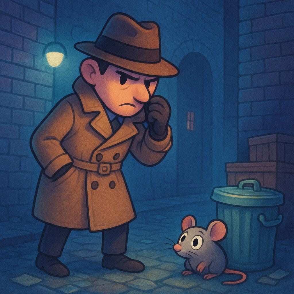 Um personagem detetive em pé de forma suspeita em um beco mal iluminado, parecendo incomodado e segurando uma mão perto do nariz, enquanto um pequeno rato espreita por trás de uma lata de lixo.