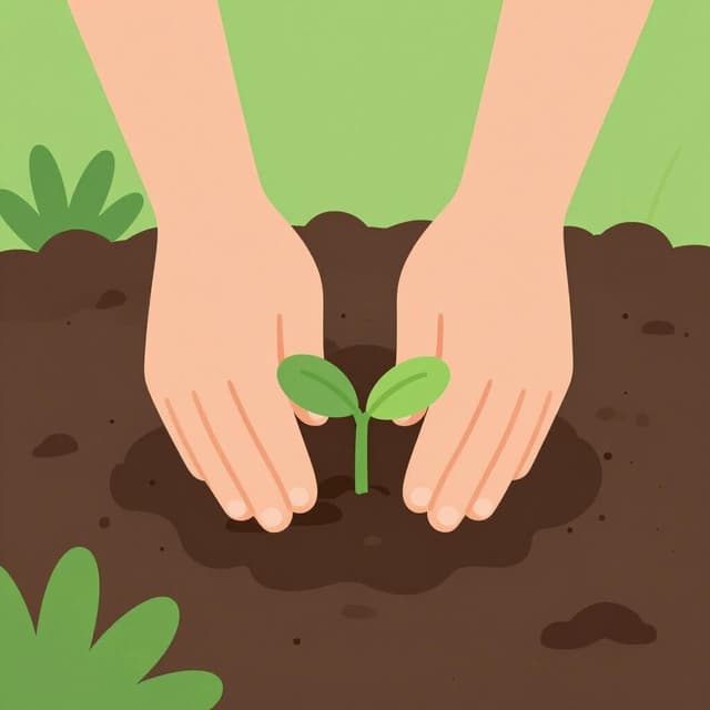 Een persoon die in een tuin knielt en voorzichtig een klein groen zaailingje in een gat in de donkere aarde plaatst.