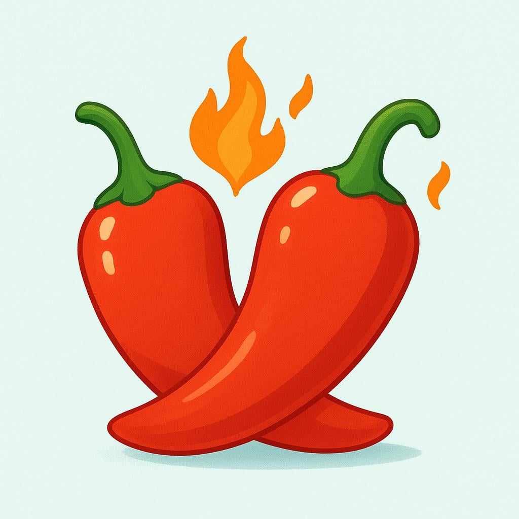 Two vibrant red chili peppers sitting side-by-side, depicted with small stylized flames near their tips to indicate intense spiciness.