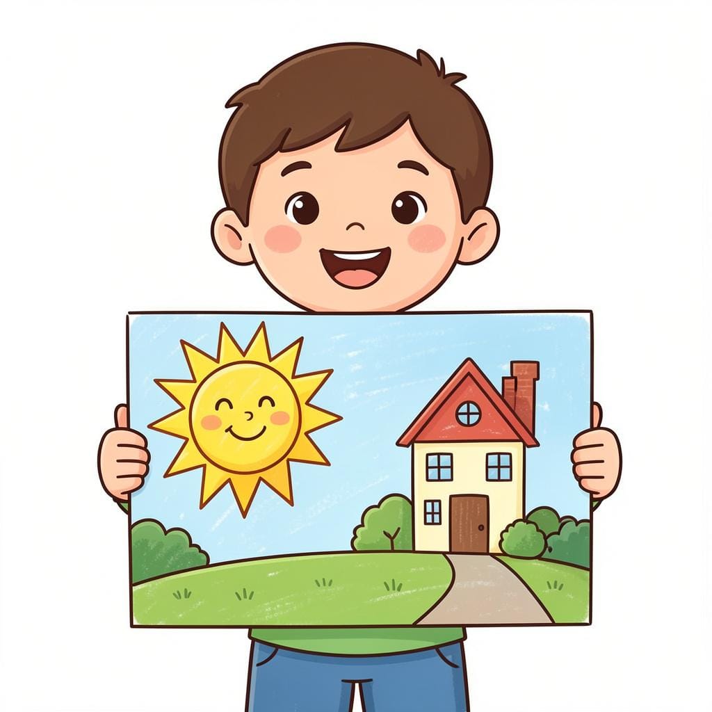 A child holding up a colorful drawing to show it to someone.