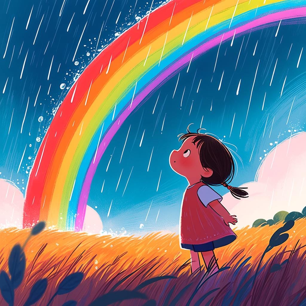 A child looking up with wide eyes at a beautiful, colorful rainbow arching over a landscape, symbolizing the act of experiencing something wonderful.