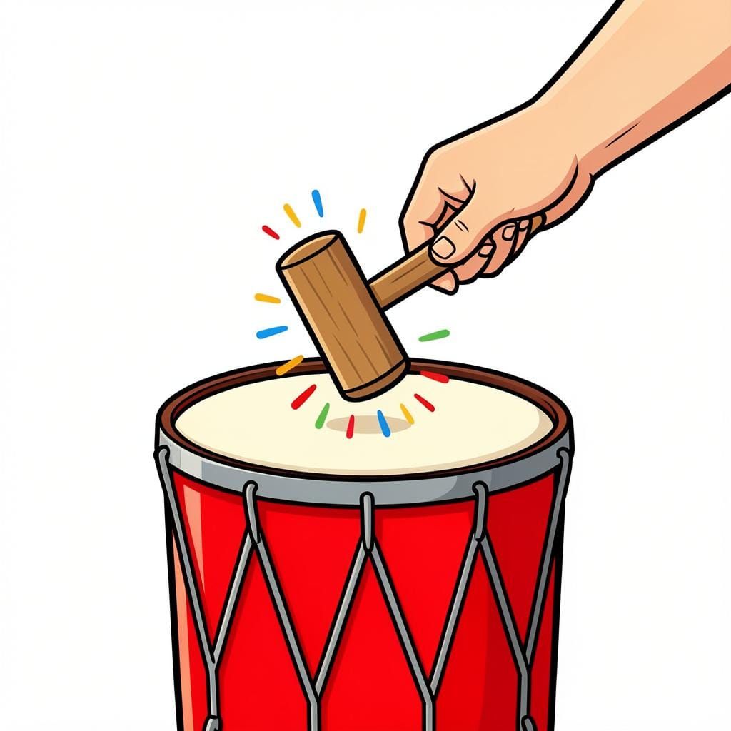 A person's hand using a wooden mallet to strike a colorful drum.