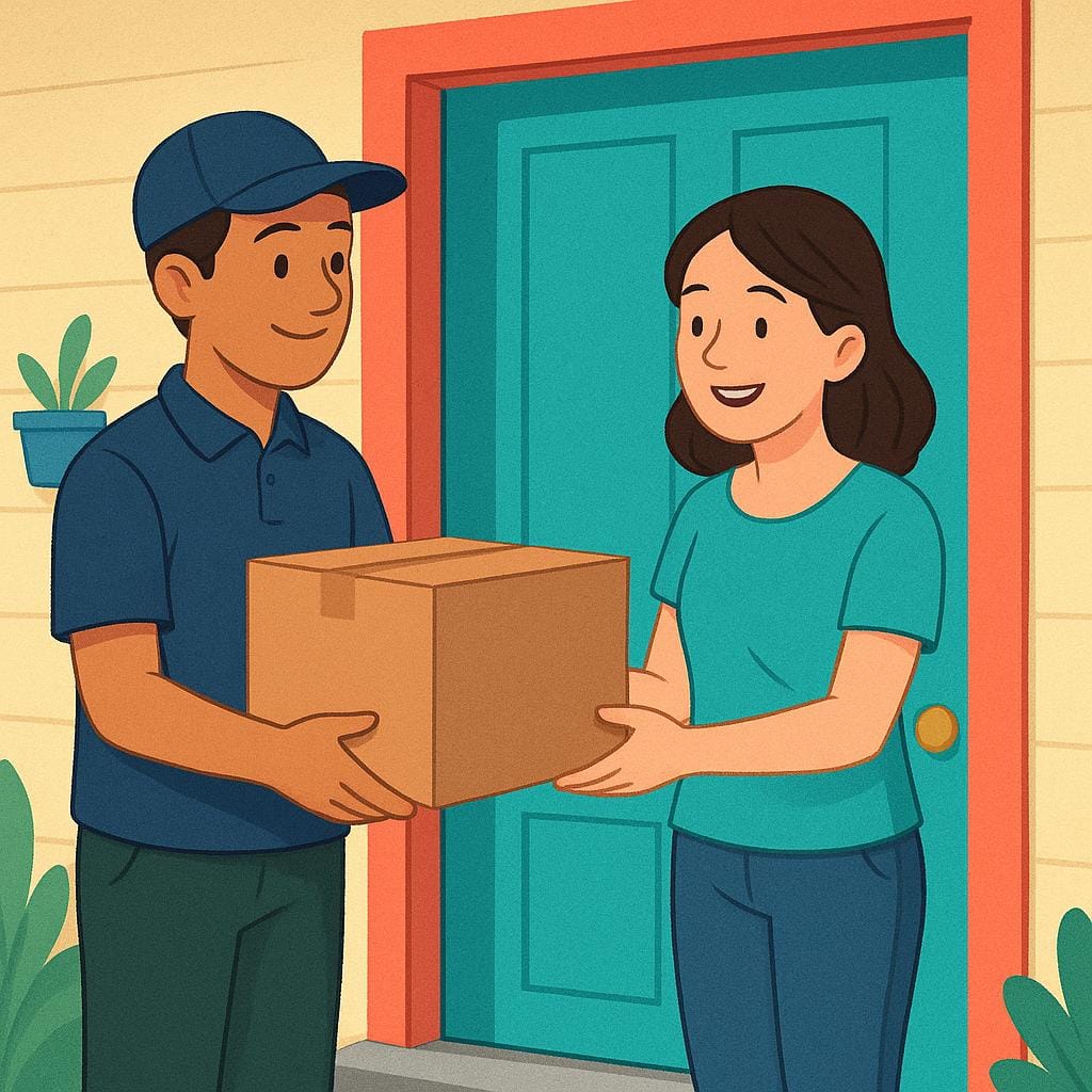 A smiling person receiving a large brown cardboard package from a delivery worker at a doorstep.