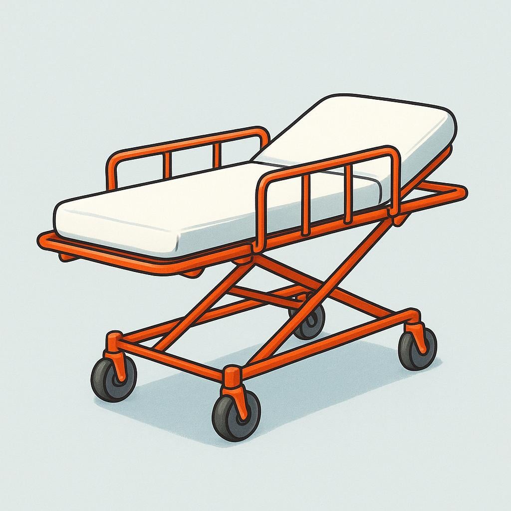 A simple medical stretcher with a white mattress and orange frame.
