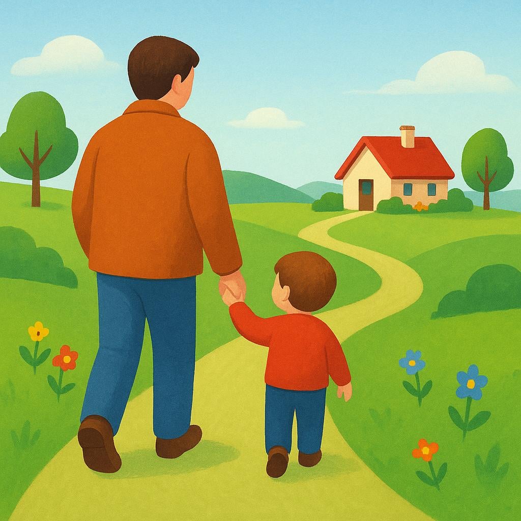 An adult holding a child's hand and guiding them along a path toward a small house.