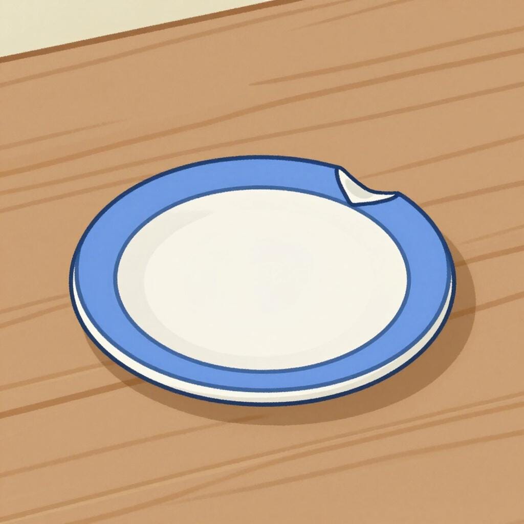 A small, colorful piece of a broken ceramic plate lying on a clean surface.