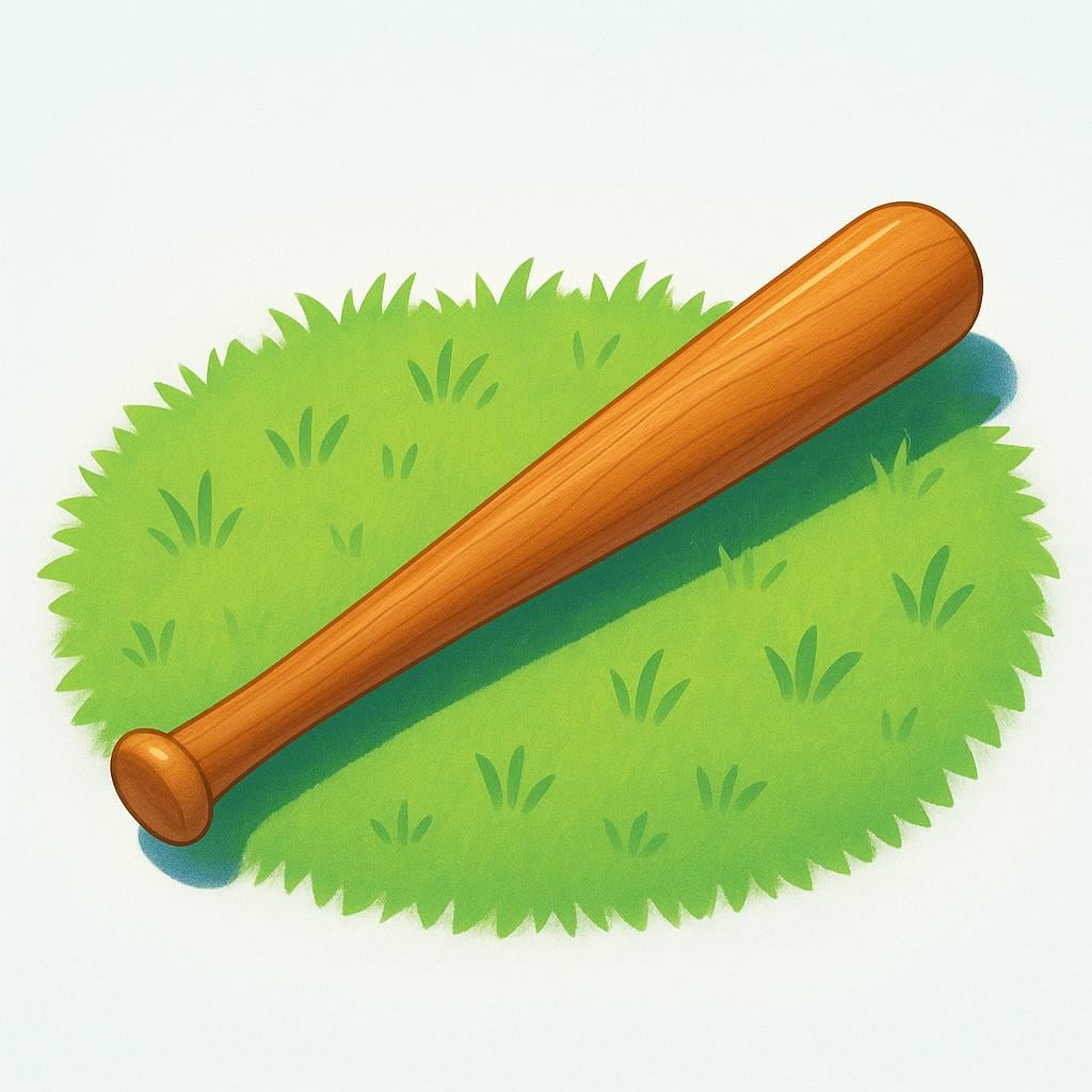A single wooden baseball bat resting horizontally on a patch of green grass.