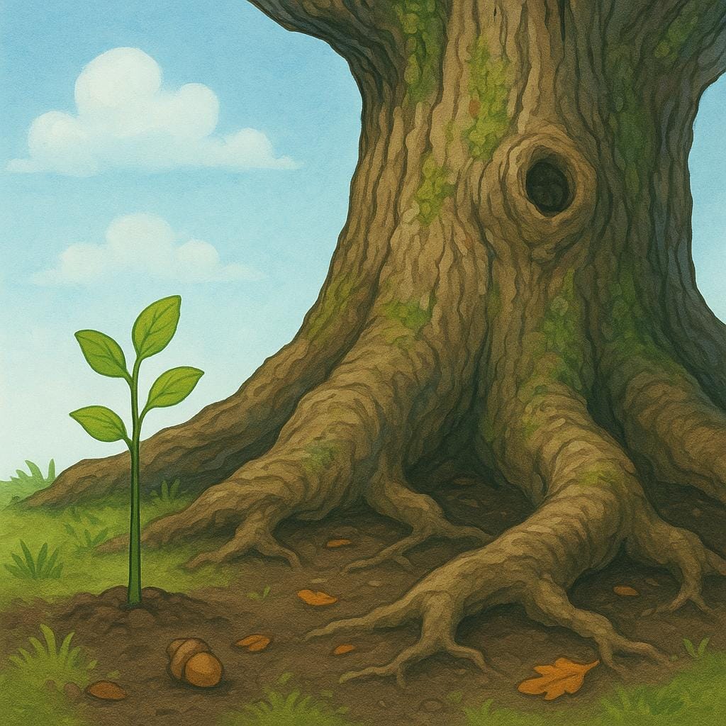 Une comparaison visuelle montrant un minuscule jeune arbre à côté d'un chêne ancien, immense et imposant, symbolisant un siècle de croissance.