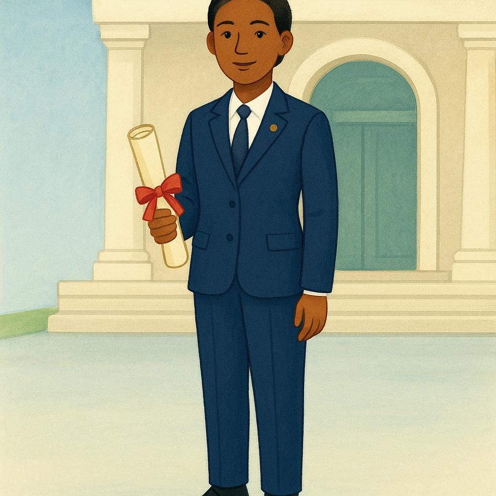 A formally dressed diplomat standing professionally, holding a rolled-up parchment scroll tied with a ribbon.