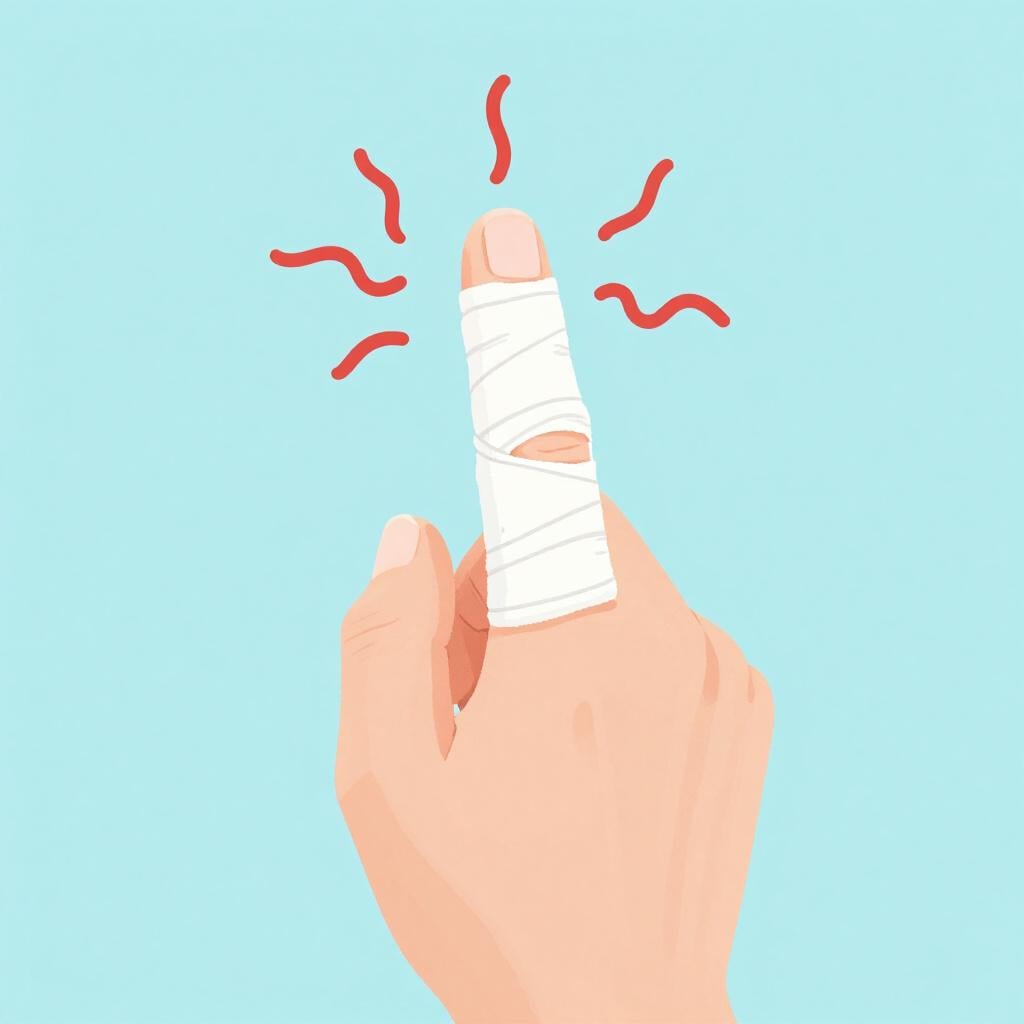 A person's thumb with a small bandage and tiny red wavy lines radiating from it.