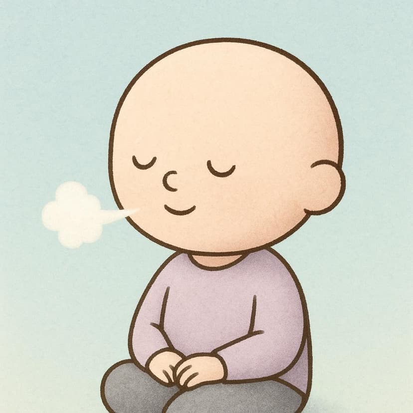 고요하고 동그란 머리를 가진 인물이 깊게 숨을 쉬고, 내쉬는 하얀 김이 살짝 보이는 단순하고 다채로운 그림.