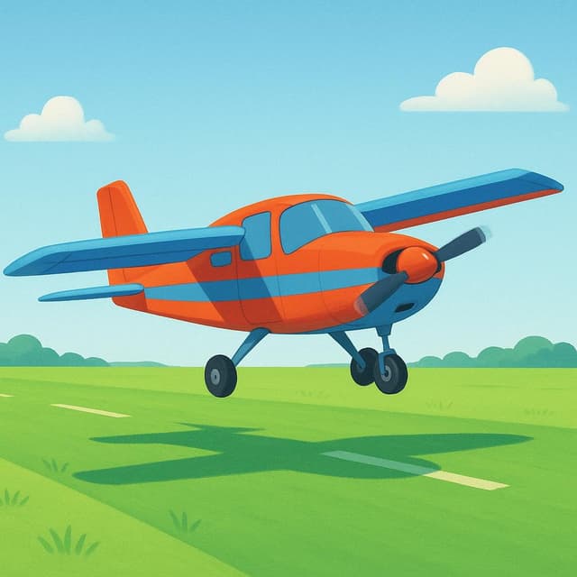 Eine hochwertige Bilderbuchillustration, die ein kleines, buntes Passagierflugzeug zeigt, das gegen einen blauen Himmel auf eine kurze, grüne Landebahn zufällt, was den Akt des Landens veranschaulicht.