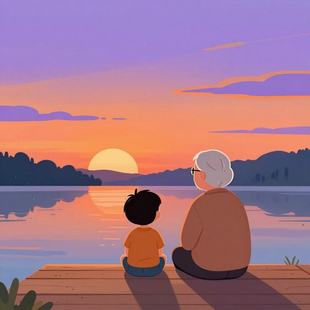 A child sitting on a dock with an adult, watching a sunset over a calm lake.
