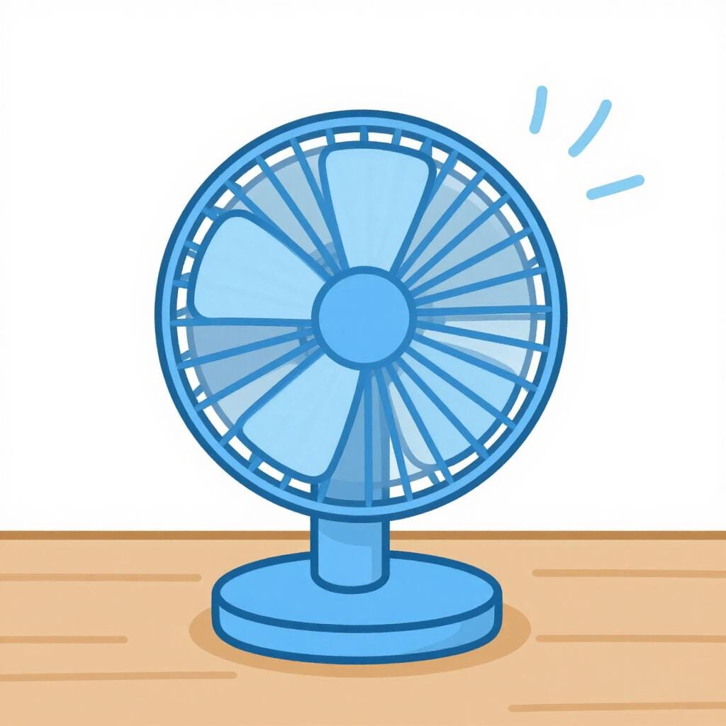 A modern three-blade electric desk fan blowing a gentle breeze.