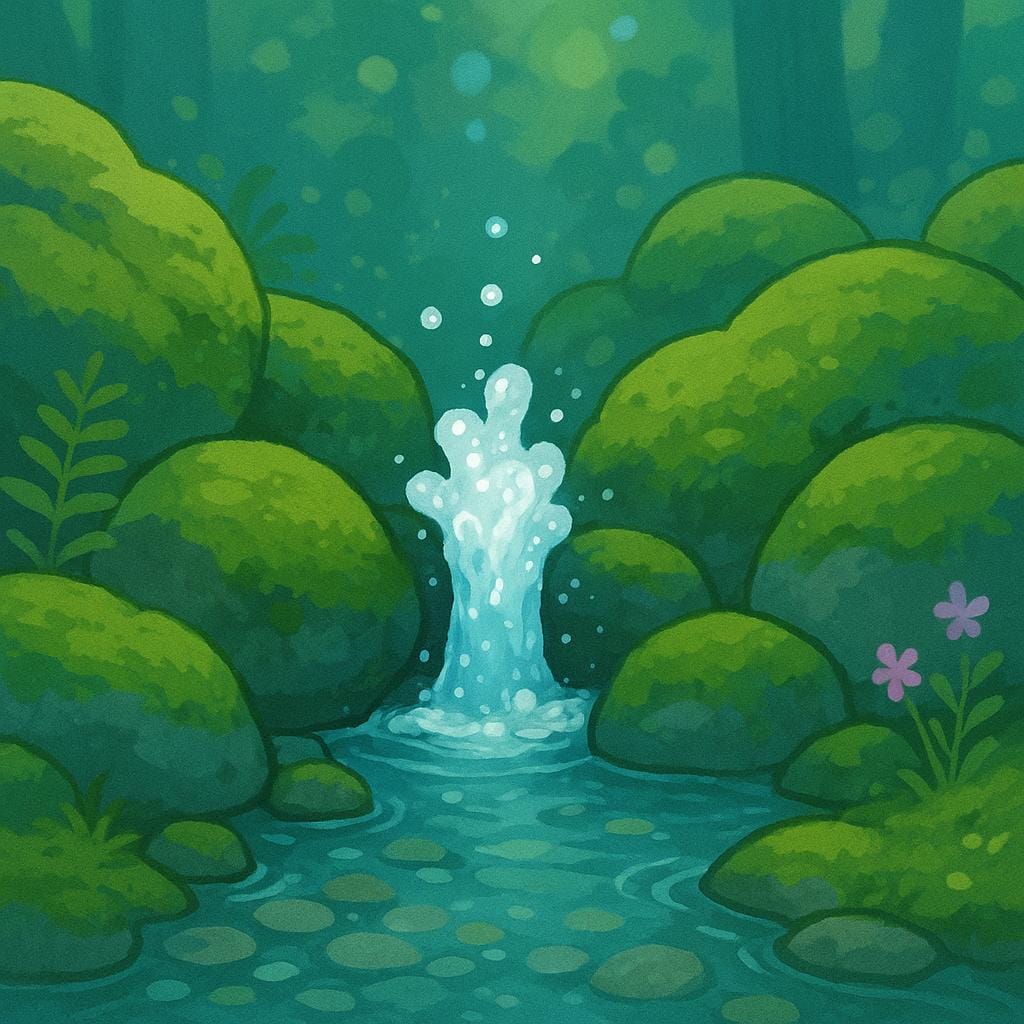 An illustration showing a clear stream of water emerging from the ground amongst rocks, depicting the source of a river.