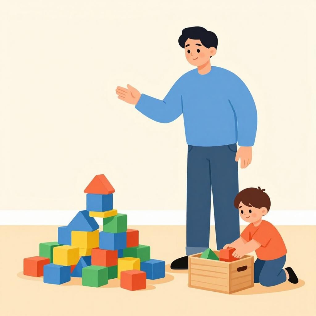 A parent gently pointing a finger towards a scattered pile of toys while a child begins to pick them up.