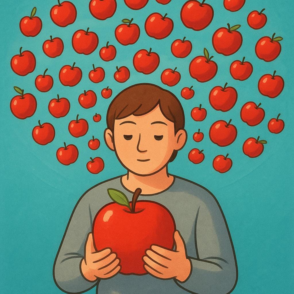 A simple storybook illustration of a person sitting and intensely focusing on a single large red apple held in their hands. Many smaller, identical red apples are floating around the person's head, forming a persistent swirling cloud, symbolizing a strong, persistent preoccupation.