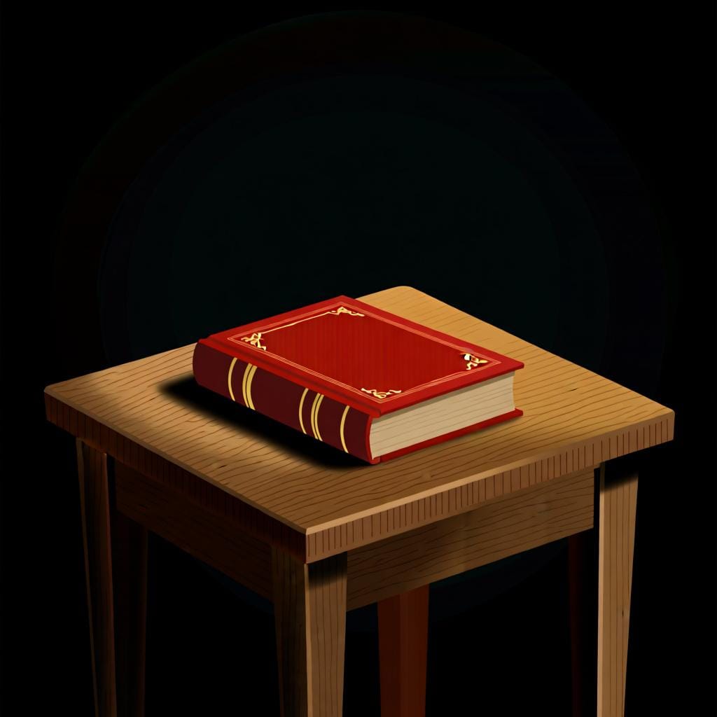 A red book resting on a wooden table, illustrating the Spanish word 'en' for location.
