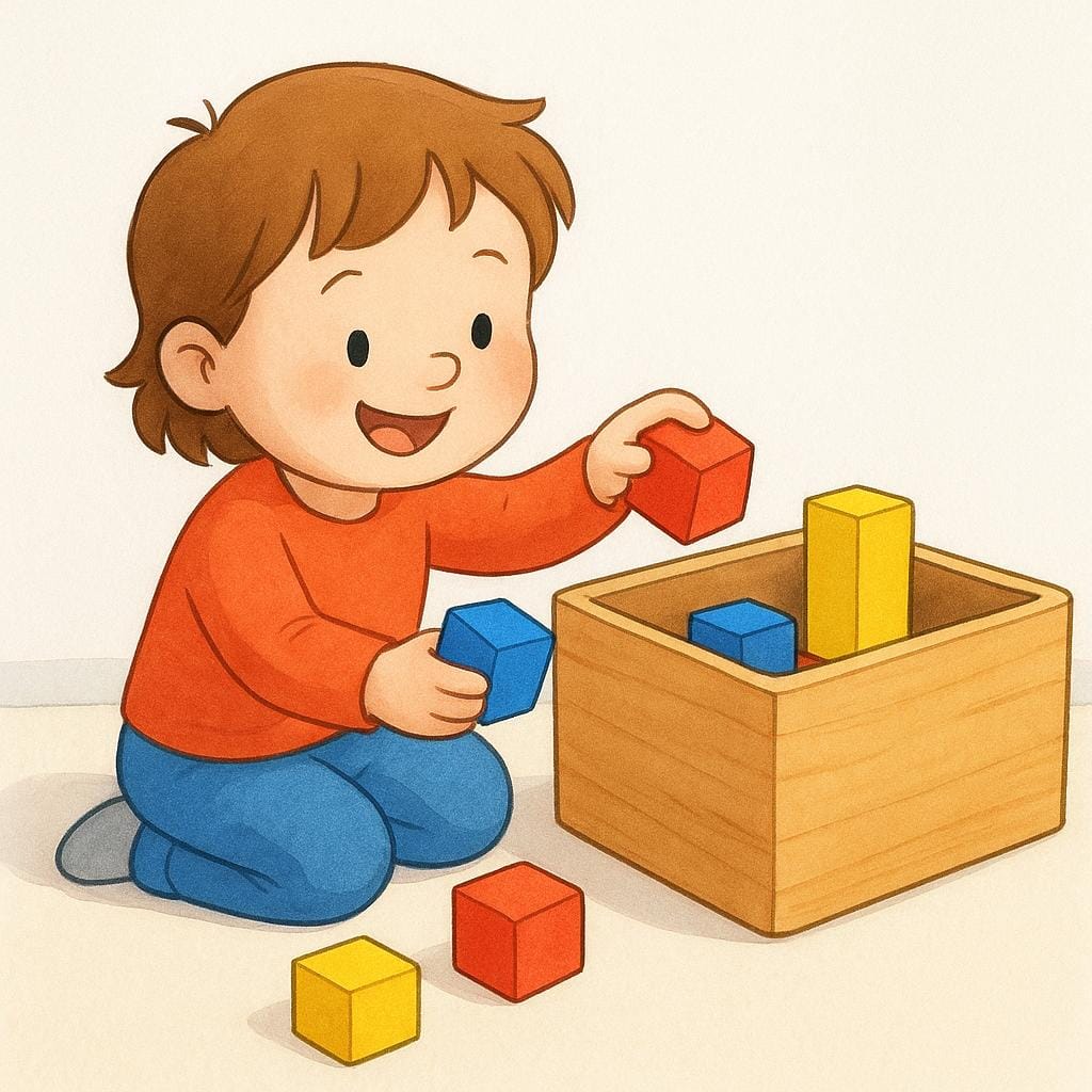 A young child neatly placing colorful wooden blocks into a clear storage bin.