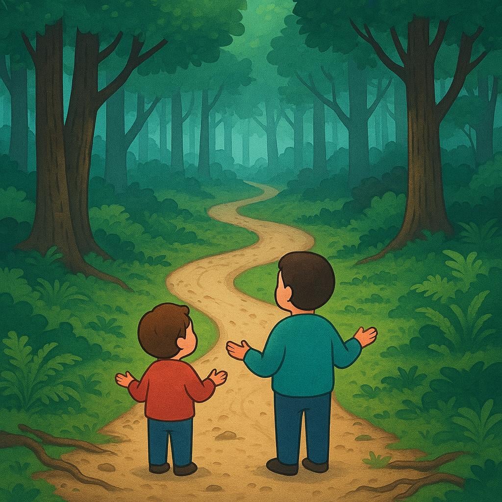 Two small figures, an adult and a child, stand looking confused at a winding dirt path that splits into two directions deep within a dense forest.