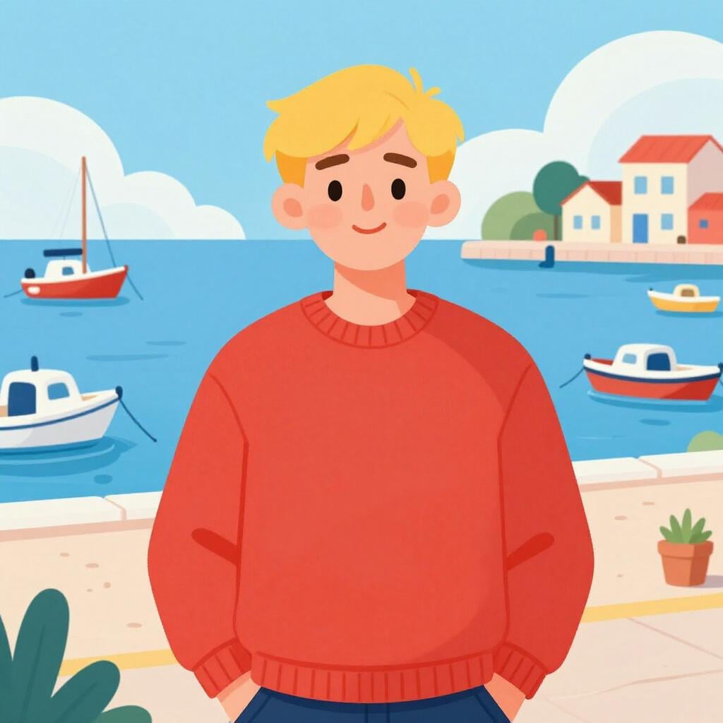 Un uomo che indossa un maglione rosso in piedi davanti a un porto colorato con barche.