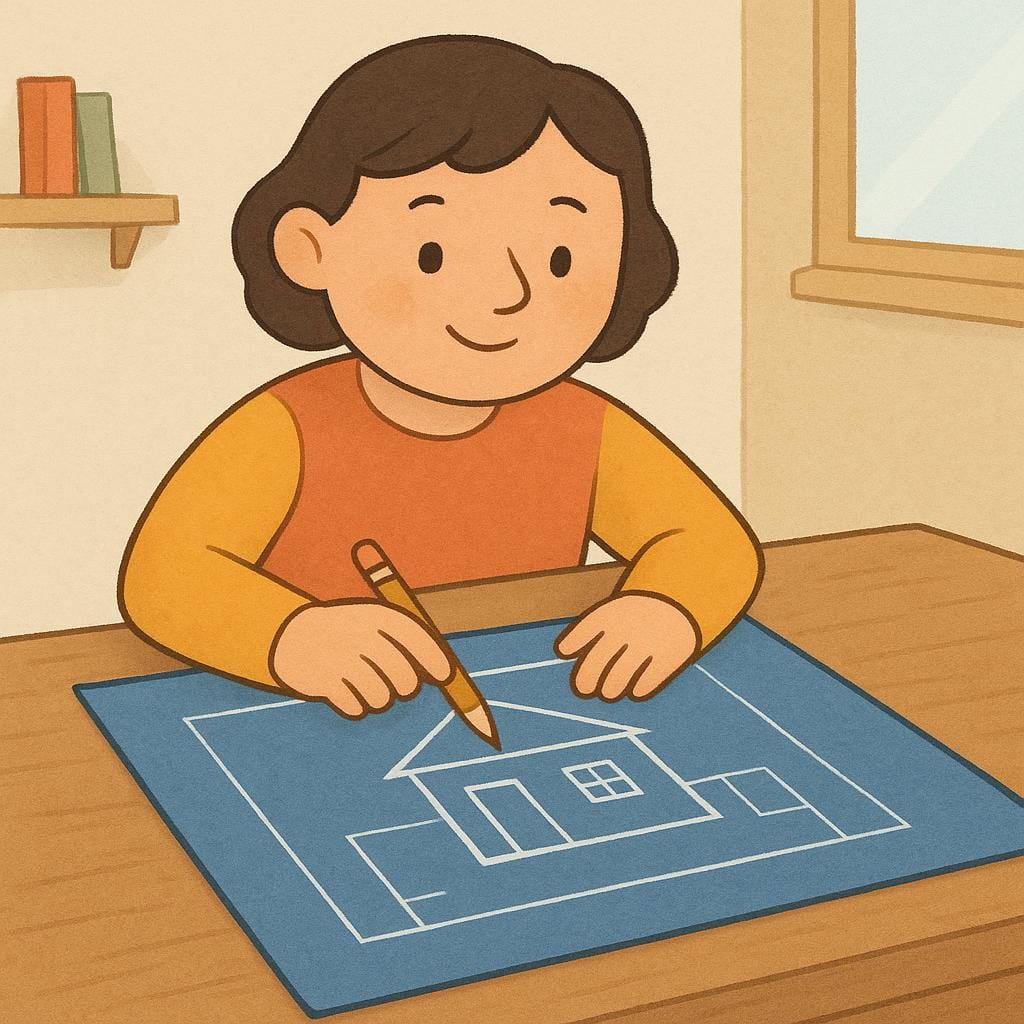 A person sitting at a wooden desk, thoughtfully examining a simple drawing of a house plan spread out before them.