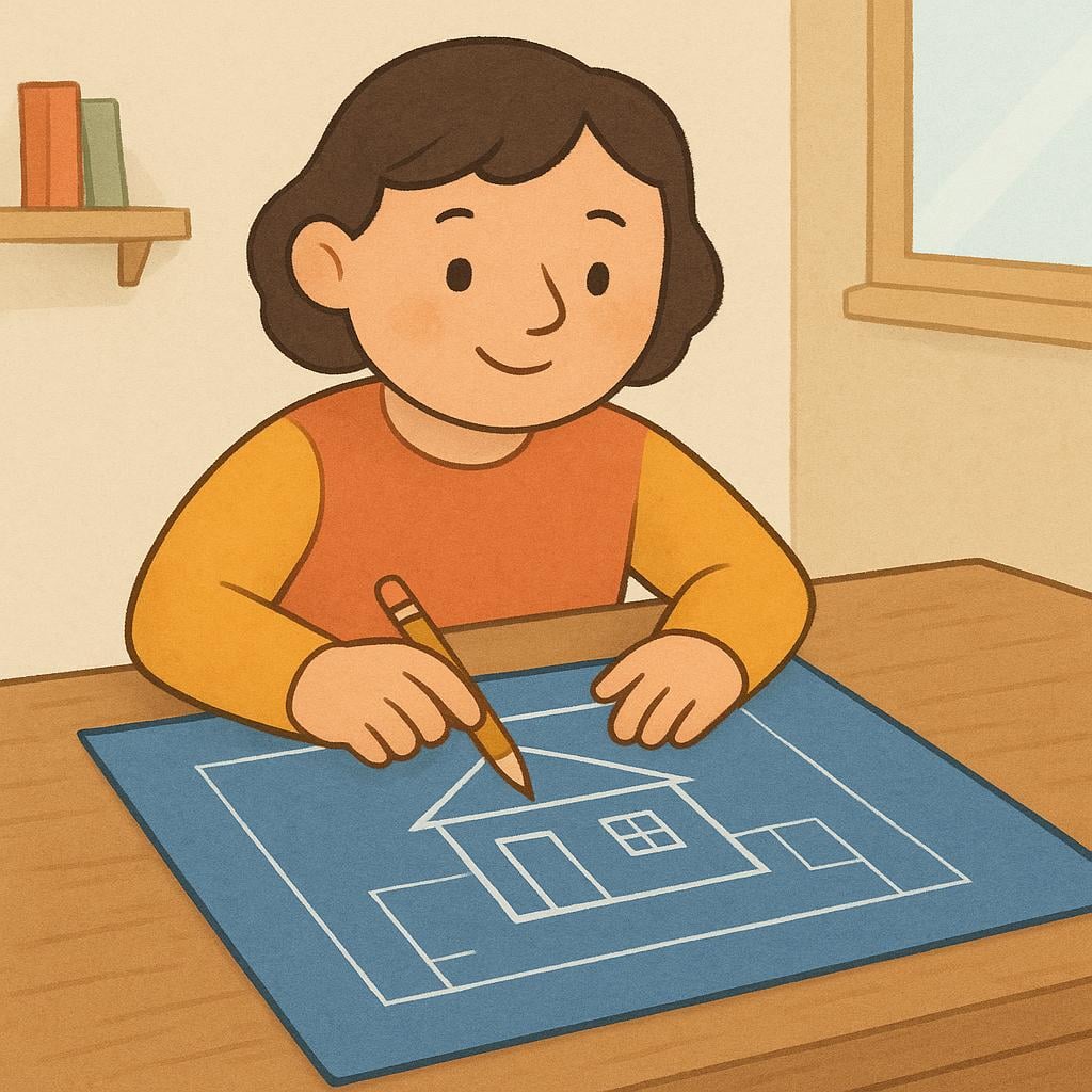A person sitting at a wooden desk, thoughtfully examining a simple drawing of a house plan spread out before them.