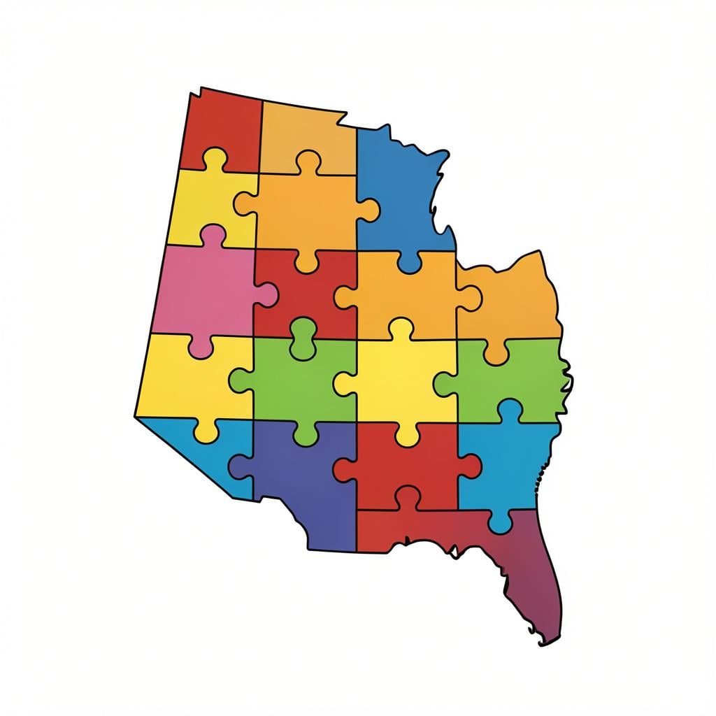 A set of different colored puzzle pieces shaped like land masses fitting together perfectly to form one large territory.