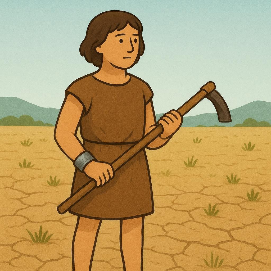 Une personne vêtue de vêtements simples et rugueux se tient dans un champ aride et stérile, tenant une houe en bois. Un seul gros bracelet en fer stylisé est visible à son poignet.